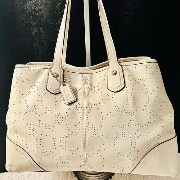 Coach-(2 pc set) Carry All Leather Tote Bag Perforated in Cream - Picture 2 of 8